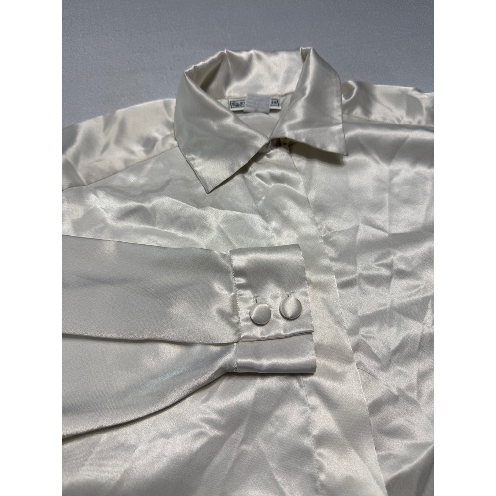 Evan-Picone Women 10 Ivory Satin Long Sleeve Button Up Blouse Polyester Solid
